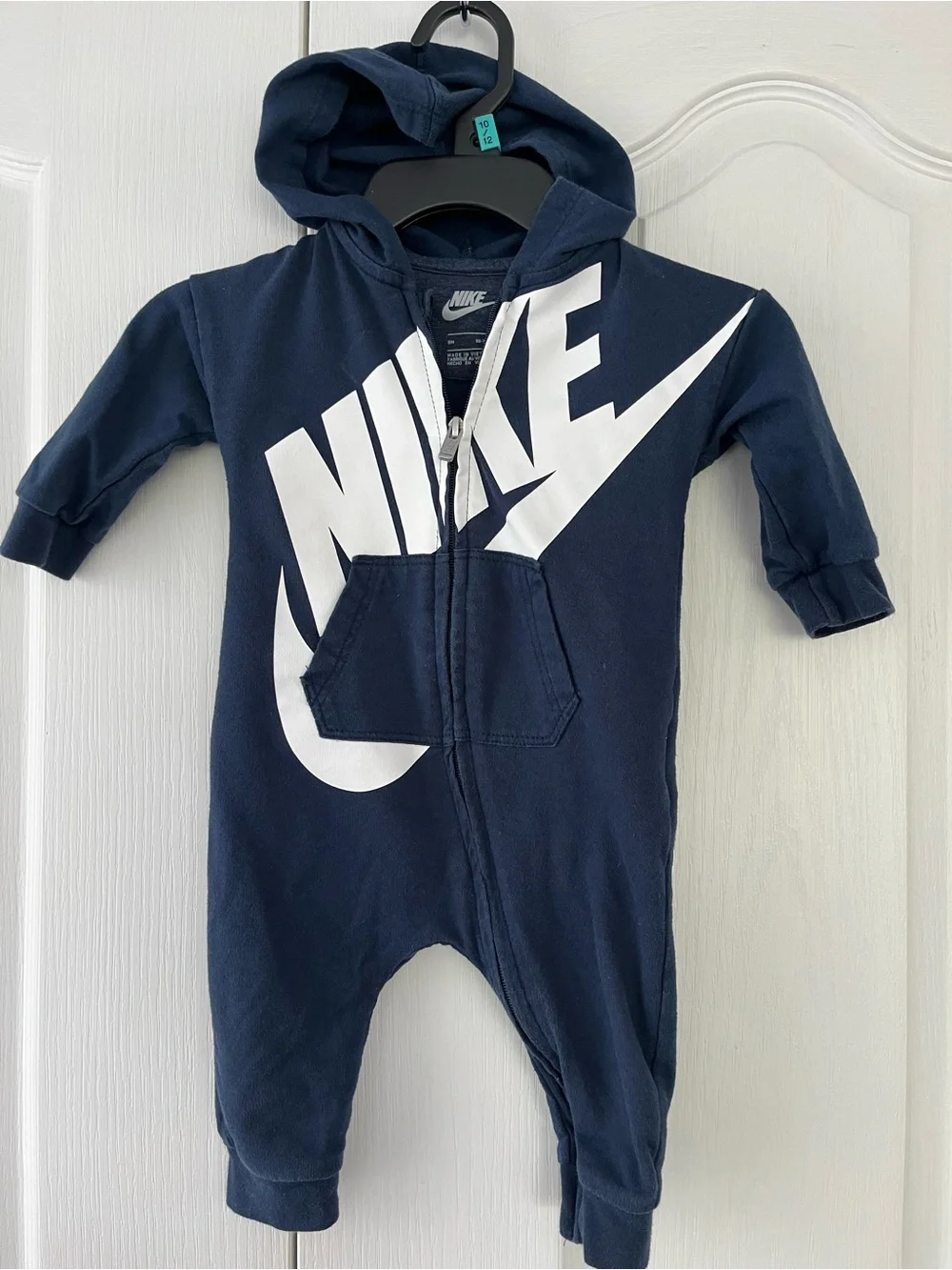 Nike Coverall Boys 9 Months Blue Hooded One-Piece Full Zip Logo Romper